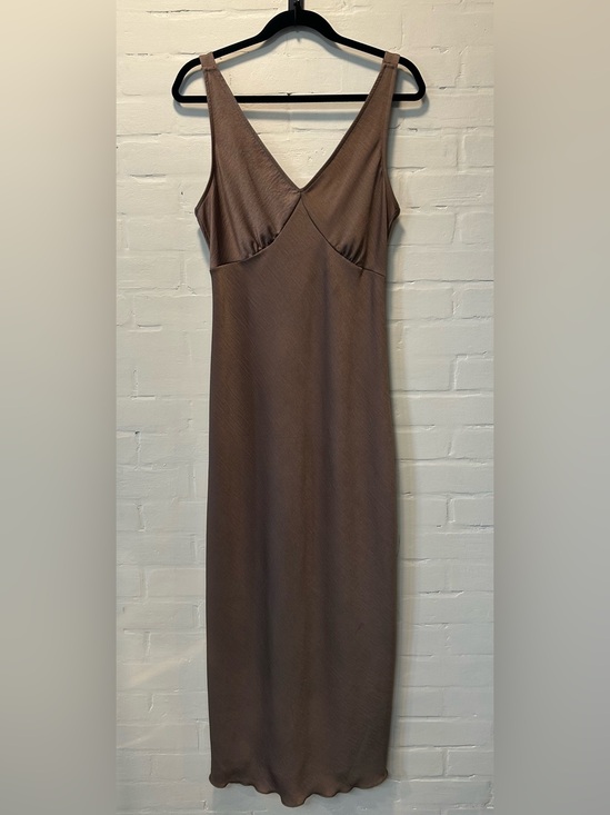 bebe Dresses & Skirts - Bebe NWT Mocha Shimmer Satin V-Neck Midi Slip Dress Size M Neutral Glam Y2K